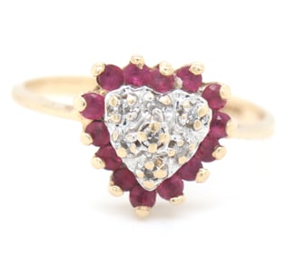 14kt Yellow gold ruby and diamond heart shaped ring