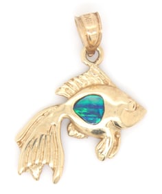 14kt Yellow gold synthetic opal fish pendant