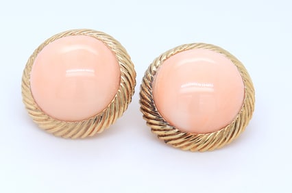 Favorite Yellow Gold Retro Scalloped Gold Bezel Coral Earrings