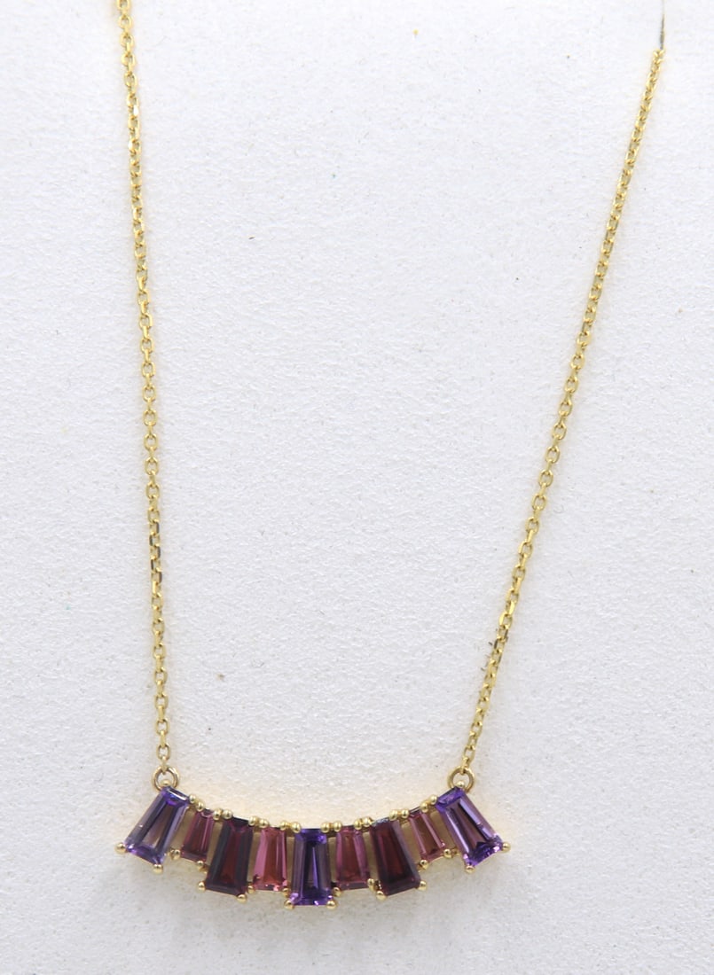 Stunning Tapered Baguette Amethyst, Garnet and Tourmaline Bar Necklace: Stunning 10kt Yellow Gold Tapered Baguette Amethyst, Garnet and Tourmaline Bar on adjustable 16-18 inches Necklace. Total weight of Necklace 3.50 Grams.