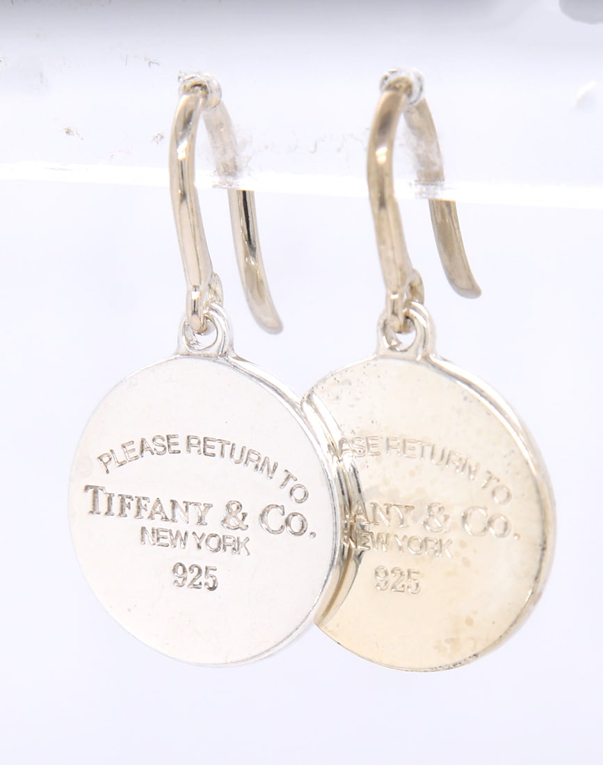 925 Sterling silver Tiffany & CO round disc tag drop earrings (1 of 4)