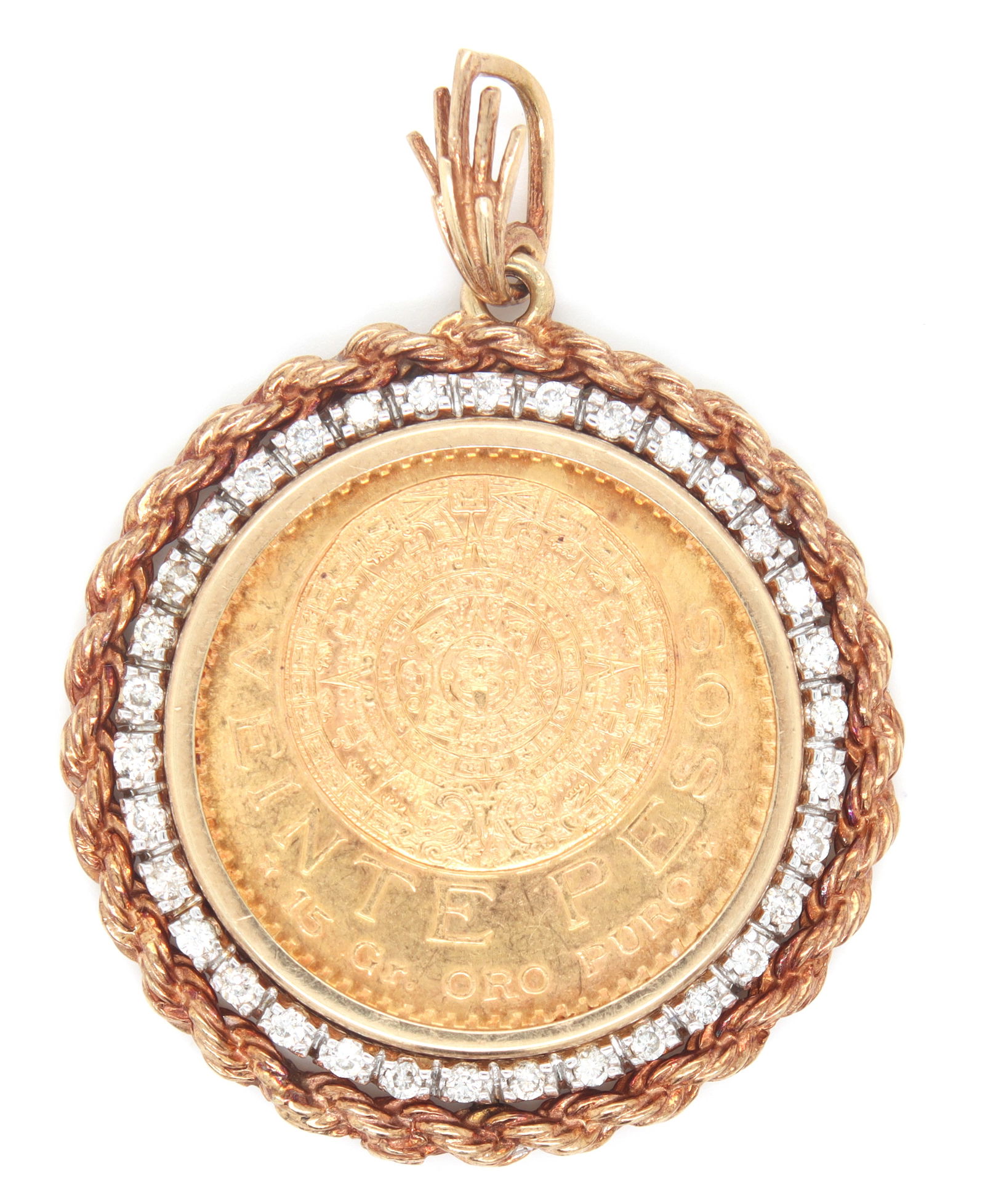 1959 Veinte Pesos coin with 14kt yellow gold diamond rope bezel: 1959 Veinte Pesos coin with 14kt yellow gold diamond rope bezel. Total weight of pendant is 28.1 grams.
