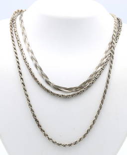 Group lot of 3 Vintage 925 sterling silver necklaces: Group lot of 3 Vintage 925 sterling silver necklaces. Italian 19-inch rope chain. 18-inch braided chain necklace and 17-inch Byzantine chain. Total weight of lot is 52.9 grams.