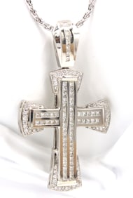 14kt White gold 4ctw round brilliant and princess cut diamond channel set cross pendant on chain