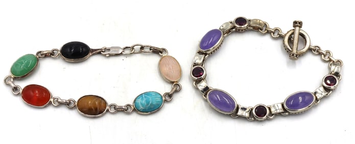 Group lot of 2 signed 925 sterling silver multi gemstone bracelets