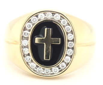 14kt Yellow Gold oval Shaped Black Enamel Cross Diamond Halo Ring. Total weight of Ring 9.10 Grams.