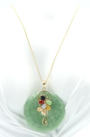 14kt Yellow gold Jade circle pendant with multi color Jade flower