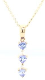 14kt Yellow gold 3 heart Tanzanite and baguette bar pendant on chain