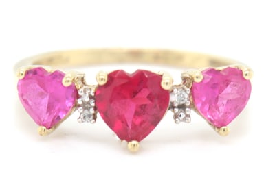 10kt Yellow gold 3 heart shaped synthetic ruby band