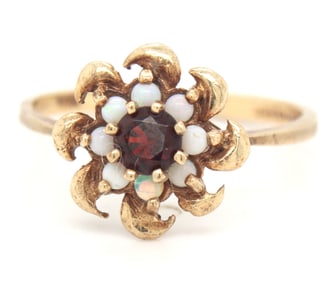 10kt Yellow gold opal and garnet flower style ring