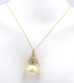 Dreamy Yellow Gold Golden South Sea Pearl and Diamond Pendant on Chain