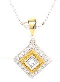 18kt two tone princess cut diamond in yellow diamond pendant on chain