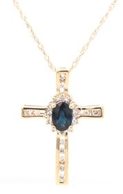 14kt Yellow gold blue sapphire and diamond cross pendant on chain