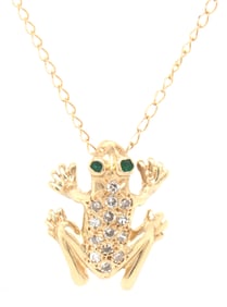 10kt Yellow gold diamond frog with emerald eye pendant on chain