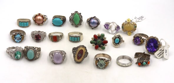 Big group lot of vintage 925 sterling silver multi color gemstone rings