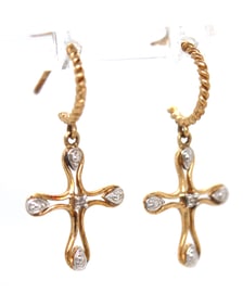 10kt Yellow gold diamond cross dangle earrings
