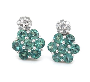 14kt White gold diamond cluster and Green topaz earrings