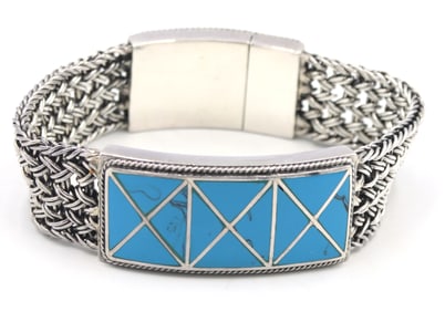Vintage 925 sterling silver blue enamel heavy bracelet