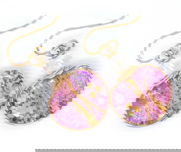 Beautiful Yellow Gold Pink Glass Dangle Earrings: Beautiful 10kt Yellow Gold Pink Glass Dangle Earrings. Total weight of Earrings 5.60 Grams.
