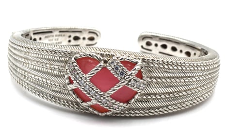 Judith Ripka caged pink heart shaped diamonique bangle cuff