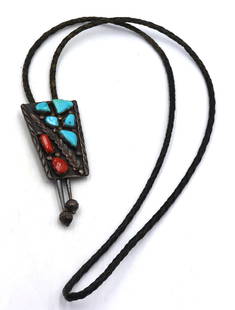 Vintage 925 sterling silver Wayne C Signed turquoise and coral Bolo tie: Vintage 925 sterling silver Wayne C Signed turquoise and coral Bolo tie.