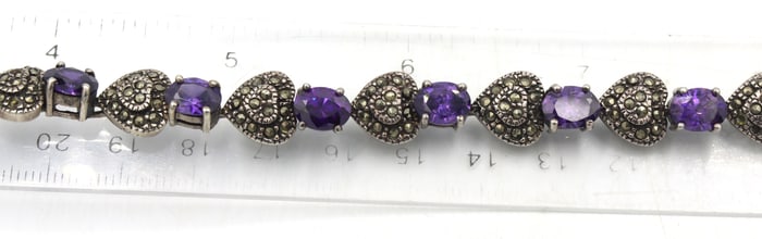 925 Sterling silver marcasite and amethyst link bracelet