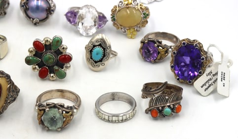 Big group lot of vintage 925 sterling silver multi color gemstone rings