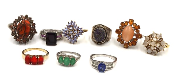 Group of 9 vintage 925 sterling silver gemstone rings