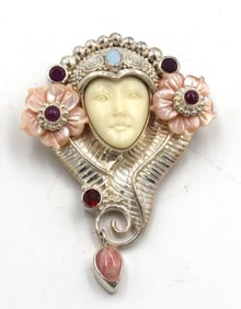 925 Sterling silver Signed Sajen pendant brooch Goddess face carved gemstones