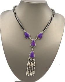 925 Sterling silver signed purple stone dangle necklace