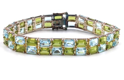 925 Sterling silver signed 2 row emerald cut cubic zirconia bracelet