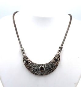 Suarti Bali sterling silver BA smokey quartz beaded scroll panel necklace
