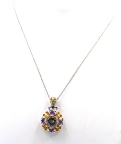 925 Sterling silver signed multi color stone pendant on chain