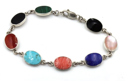 925 Sterling silver signed multi color gemstone link bracelet