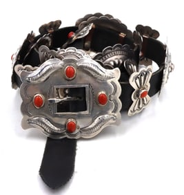 Vintage Native American Navajo morgan coral sterling silver concho belt