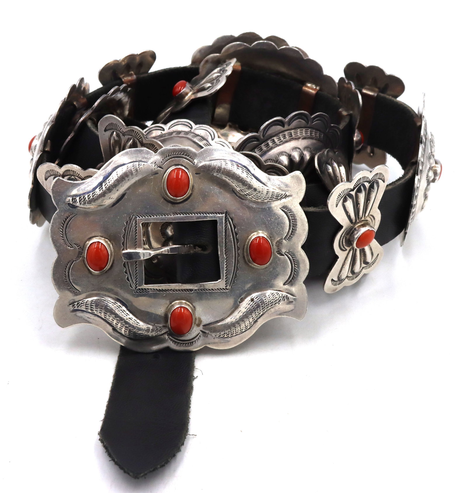 Vintage Native American Navajo morgan coral sterling silver concho belt (1 of 5)