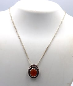 925 Sterling silver signed orange Jade pendant on double chain necklace