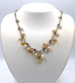 Michael Dawkins signed sterling silver pearl and gemstone necklace