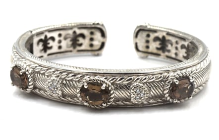 Judith Ripka smokey quartz cuff bangle in 925 sterling silver