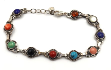925 Sterling silver signed multi gemstone link bracelet