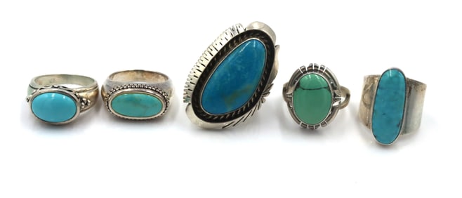 Group lot of 5 vintage 925 sterling silver turquoise rings
