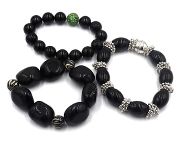 Lot of 3 black onyx beaded bracelets