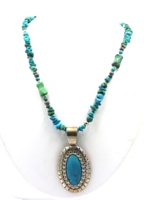 925 Sterling silver signed turquoise pendant on turquoise beaded chain necklace