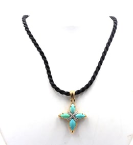 925 Sterling silver turquoise cross pendant on black cord necklace