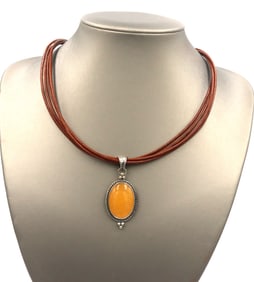 925 Sterling silver lemon quartz pendant on brown leather strand necklace