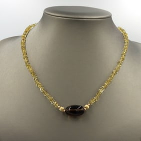 Smokey quartz pendant on citirne beaded necklace with 14kt yellow gold clasp