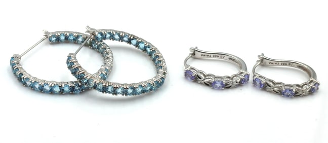 2 Pairs of 925 sterling silver blue topaz hoop earrings