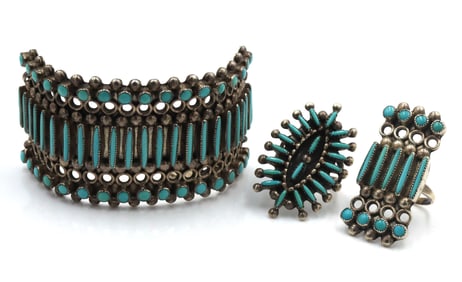 Set of Vintage 925 sterling silver signed turquoise cuff bangle and 2 rings