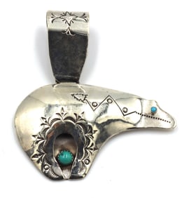 Large Native American 925 sterling silver Navajo Spirit bear turquoise pendant