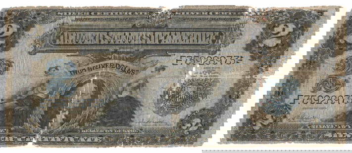 1899 $2 US Paper Money Two Dollar Silver Certificate Banknote: 1899 $2 US Paper Money Two Dollar Silver Certificate Banknote.